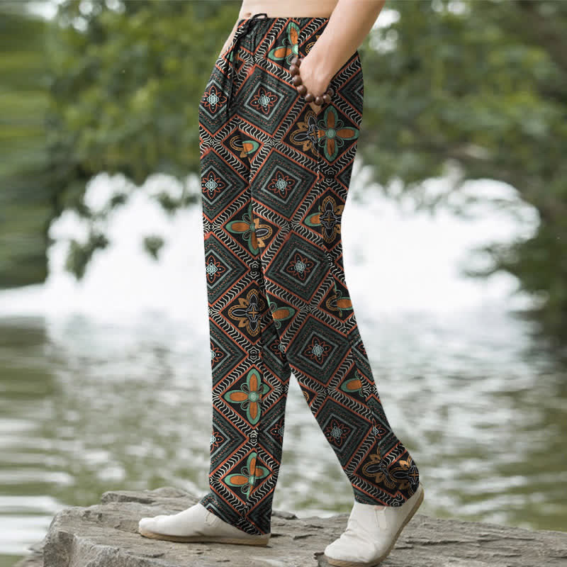 Buddha Stones Herrenhose aus Baumwolle mit böhmischem Rauten- und Blumenmuster, schmal zulaufend und mit Taschen - image 1