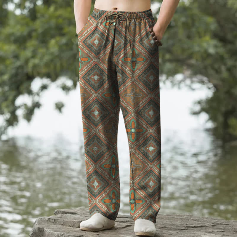 Buddha Stones Herrenhose aus Baumwolle mit böhmischem Rauten- und Blumenmuster, schmal zulaufend und mit Taschen - Olivgrün - US/ UK/AU50, EU60 (5XL) - image 4