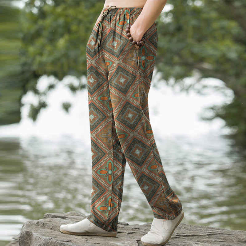 Buddha Stones Herrenhose aus Baumwolle mit böhmischem Rauten- und Blumenmuster, schmal zulaufend und mit Taschen - image 5