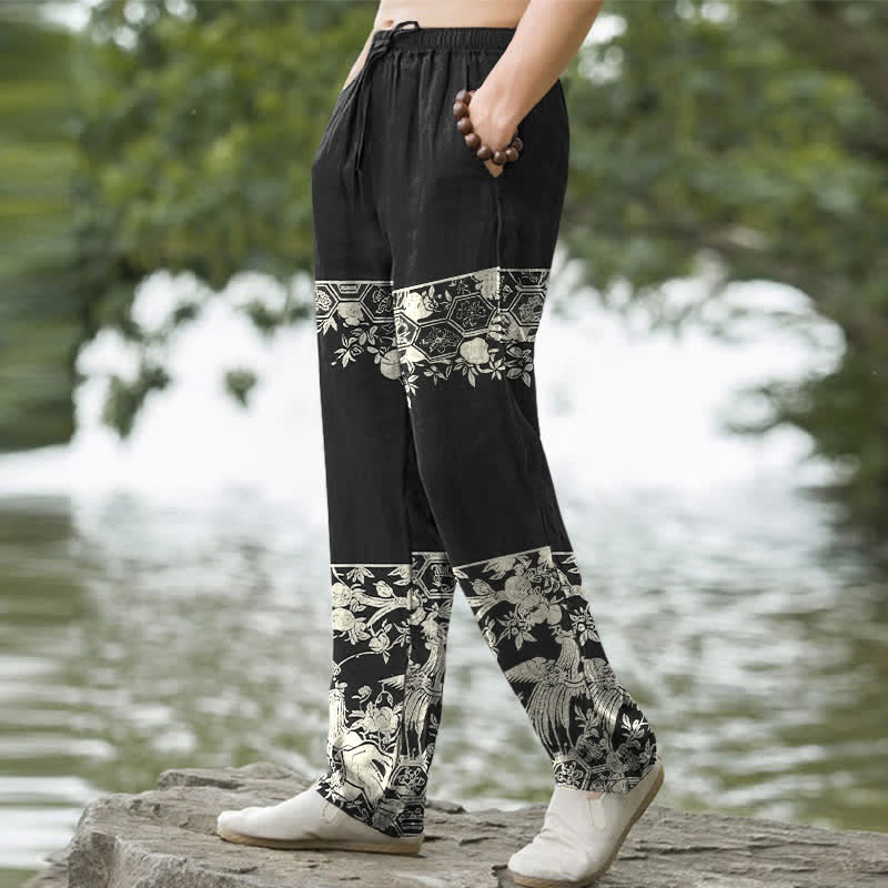 Buddha Stones Herren-Hose aus elfenbeinfarbenem Baumwollstoff mit floralem Streifenmuster, schmal zulaufend und mit Taschen - image 1