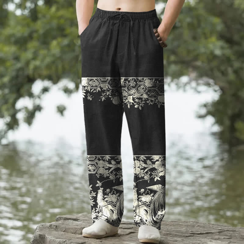 Buddha Stones Herren-Hose aus elfenbeinfarbenem Baumwollstoff mit floralem Streifenmuster, schmal zulaufend und mit Taschen - Schwarz - US/ UK/AU50, EU60 (5XL) - image 0
