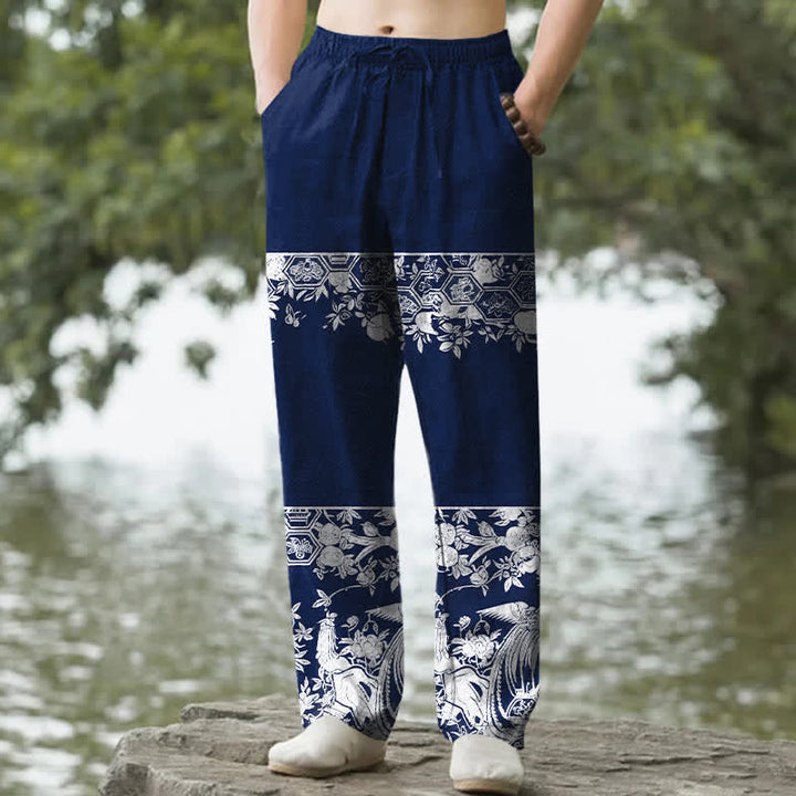 Buddha Stones Herren-Hose aus elfenbeinfarbenem Baumwollstoff mit floralem Streifenmuster, schmal zulaufend und mit Taschen - Marine - US/ UK/AU50, EU60 (5XL) - image 4