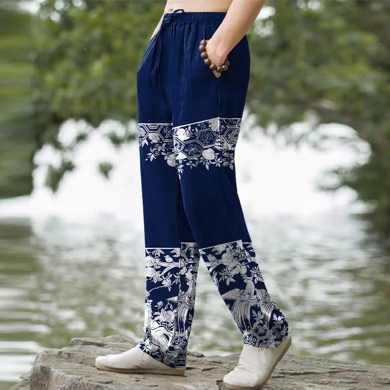 Buddha Stones Herren-Hose aus elfenbeinfarbenem Baumwollstoff mit floralem Streifenmuster, schmal zulaufend und mit Taschen - image 5