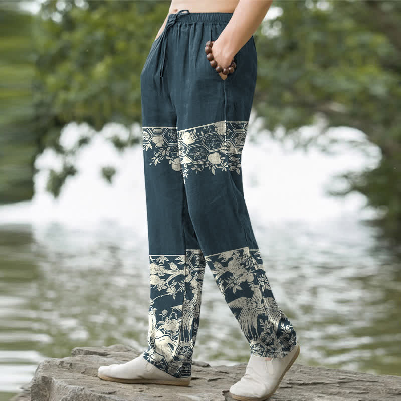Buddha Stones Herren-Hose aus elfenbeinfarbenem Baumwollstoff mit floralem Streifenmuster, schmal zulaufend und mit Taschen - image 7