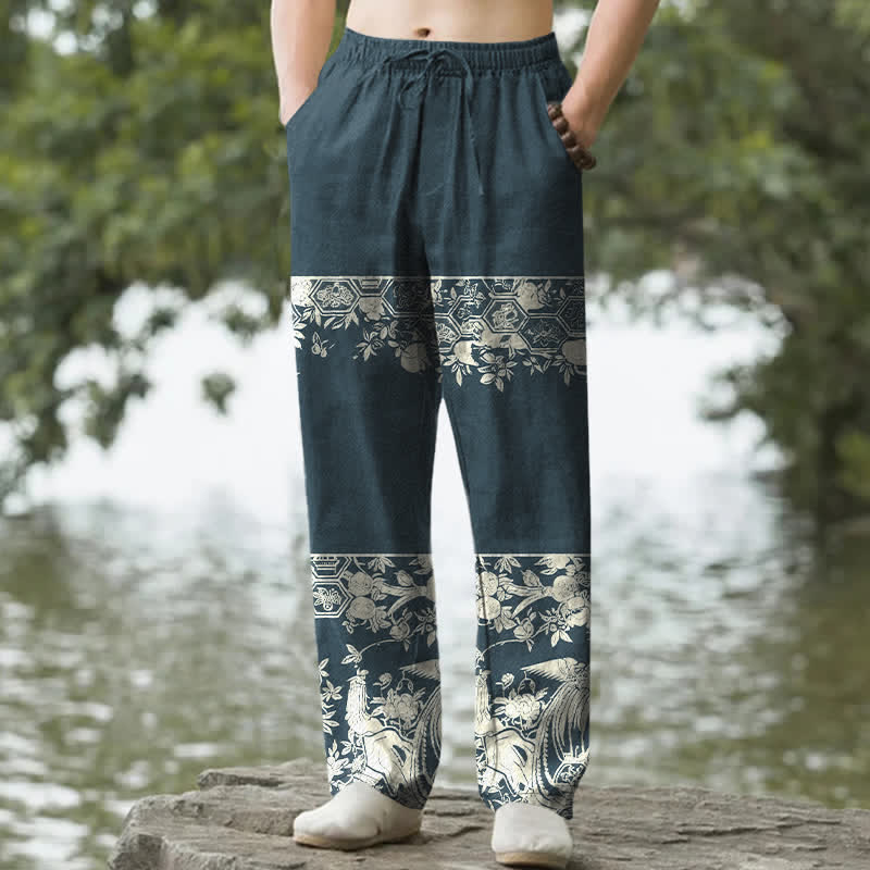 Buddha Stones Herren-Hose aus elfenbeinfarbenem Baumwollstoff mit floralem Streifenmuster, schmal zulaufend und mit Taschen - Dunkelcyan - US/ UK/AU50, EU60 (5XL) - image 6