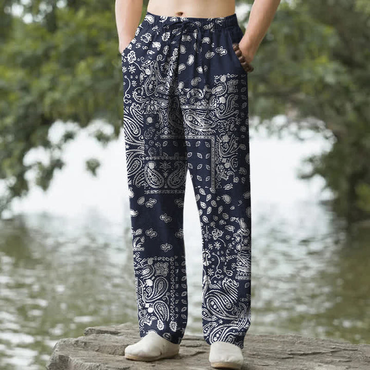 Buddha Stones Herrenhose aus Baumwolle mit schwarz-weißem Paisley-Patchworkmuster, schmal zulaufend und mit Taschen - Marine - US/ UK/AU50, EU60 (5XL) - image 4