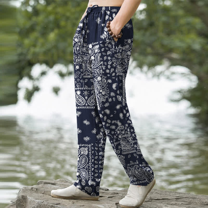 Buddha Stones Herrenhose aus Baumwolle mit schwarz-weißem Paisley-Patchworkmuster, schmal zulaufend und mit Taschen - image 5