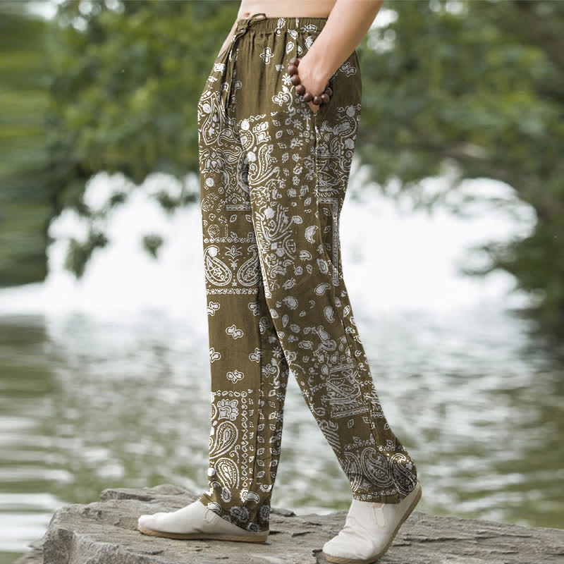 Buddha Stones Herrenhose aus Baumwolle mit schwarz-weißem Paisley-Patchworkmuster, schmal zulaufend und mit Taschen - image 7