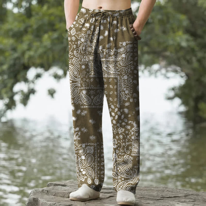 Buddha Stones Herrenhose aus Baumwolle mit schwarz-weißem Paisley-Patchworkmuster, schmal zulaufend und mit Taschen - Olivgrün - US/ UK/AU50, EU60 (5XL) - image 6