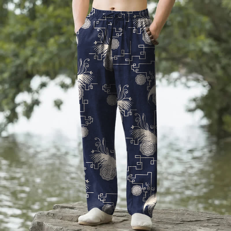 Buddha Stones Herrenhose aus Baumwolle mit geometrischem Federmuster, schmal zulaufendem Schnitt und Taschen - Marine - US/ UK/AU50, EU60 (5XL) - image 0