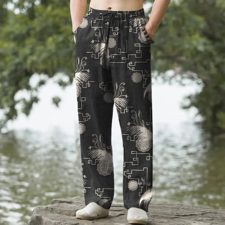 Buddha Stones Herrenhose aus Baumwolle mit geometrischem Federmuster, schmal zulaufendem Schnitt und Taschen - Schwarz - US/ UK/AU50, EU60 (5XL) - image 4