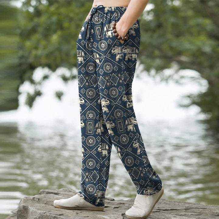 Buddha Stones Herrenhose aus Baumwolle in Elfenbein mit Elefanten-Mandala-Muster, schmal zulaufend und mit Taschen - image 5