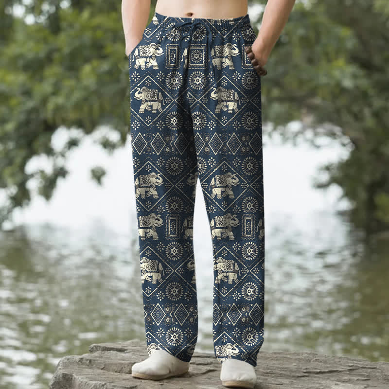 Buddha Stones Herrenhose aus Baumwolle in Elfenbein mit Elefanten-Mandala-Muster, schmal zulaufend und mit Taschen - Marine - US/ UK/AU50, EU60 (5XL) - image 4