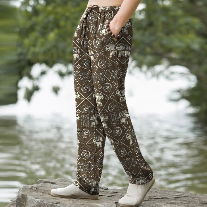 Buddha Stones Herrenhose aus Baumwolle in Elfenbein mit Elefanten-Mandala-Muster, schmal zulaufend und mit Taschen - image 7