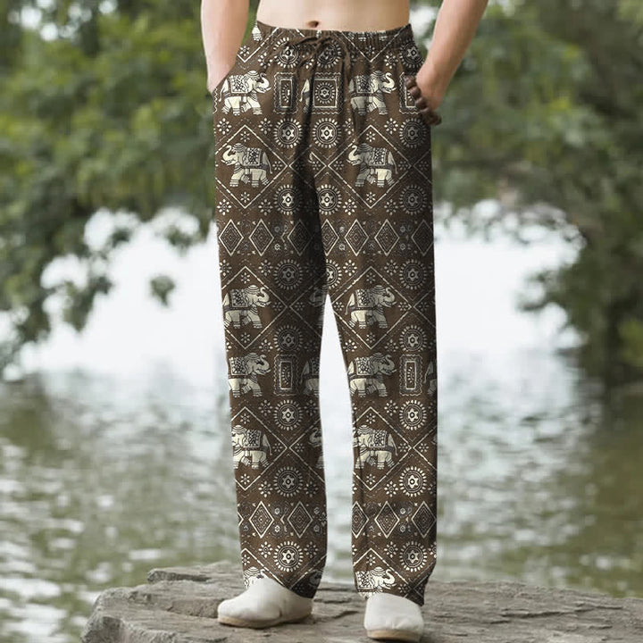 Buddha Stones Herrenhose aus Baumwolle in Elfenbein mit Elefanten-Mandala-Muster, schmal zulaufend und mit Taschen - Sattelbraun - US/ UK/AU50, EU60 (5XL) - image 6