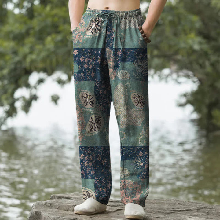 Buddha Stones Herrenhose aus Baumwolle mit Boho-Patchwork-Blumenmuster, schmal zulaufend und mit Taschen - SeaGreen - US/ UK/AU50, EU60 (5XL) - image 0