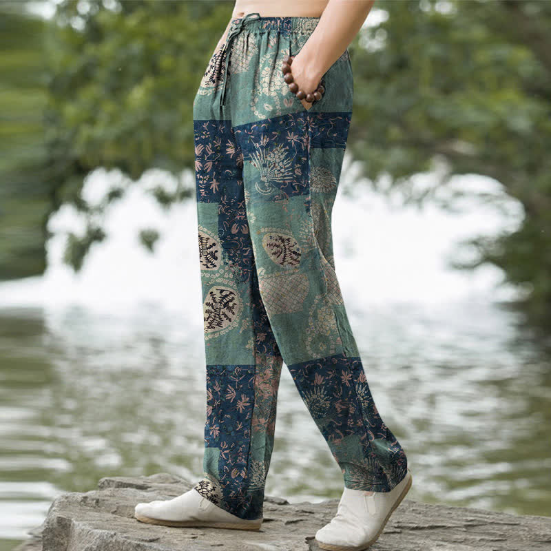 Buddha Stones Herrenhose aus Baumwolle mit Boho-Patchwork-Blumenmuster, schmal zulaufend und mit Taschen - image 1