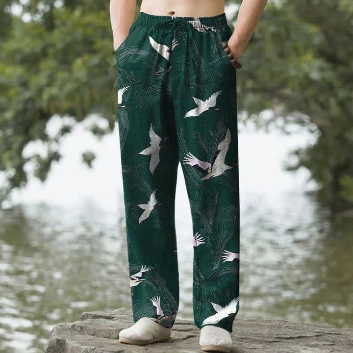 Buddha Stones Weiße, schmal zulaufende Herrenhose aus Baumwolle mit Kranich-Tintenmuster und Taschen - Waldgrün - US/ UK/AU50, EU60 (5XL) - image 6