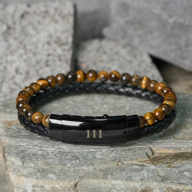 Buddha Stones Tigerauge Engelszahlen Doppelt gewickeltes Lederarmband Glauben - Tigerauge (Handgelenkumfang: 18-19 cm) - 111 - image 4
