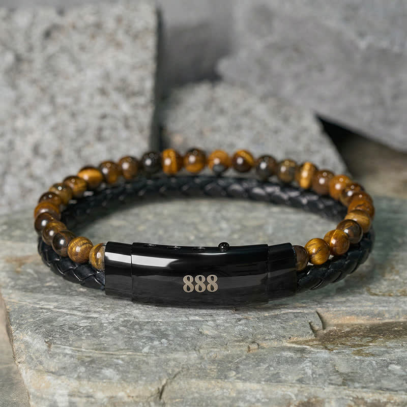 Buddha Stones Tigerauge Engelszahlen Doppelt gewickeltes Lederarmband Glauben - Tigerauge (Handgelenkumfang: 18-19 cm) - 888 - image 0