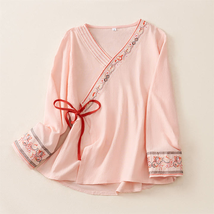 Lässiges Damenhemd mit Buddha Stones, bestickten Blumen, schrägem Kragen und Trägern, langen Ärmeln - Rosa - US8-10, UK/AU12-14, EU40-42 (3XL) - image 7