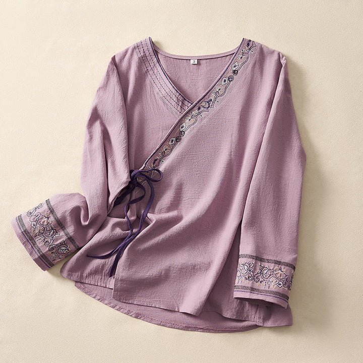 Lässiges Damenhemd mit Buddha Stones, bestickten Blumen, schrägem Kragen und Trägern, langen Ärmeln - Orchidee - US8-10, UK/AU12-14, EU40-42 (3XL) - image 13