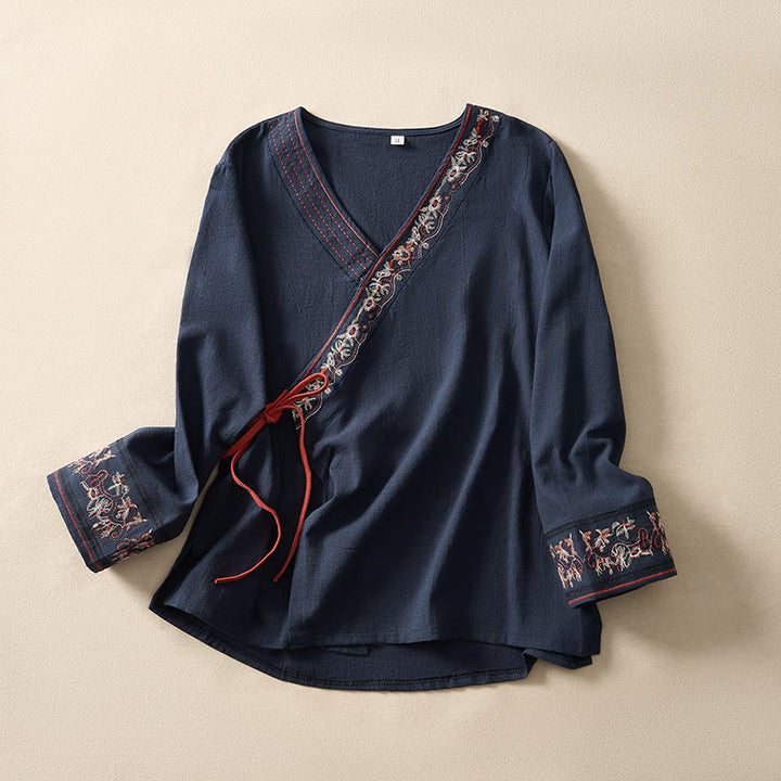 Lässiges Damenhemd mit Buddha Stones, bestickten Blumen, schrägem Kragen und Trägern, langen Ärmeln - Marine - US8-10, UK/AU12-14, EU40-42 (3XL) - image 19