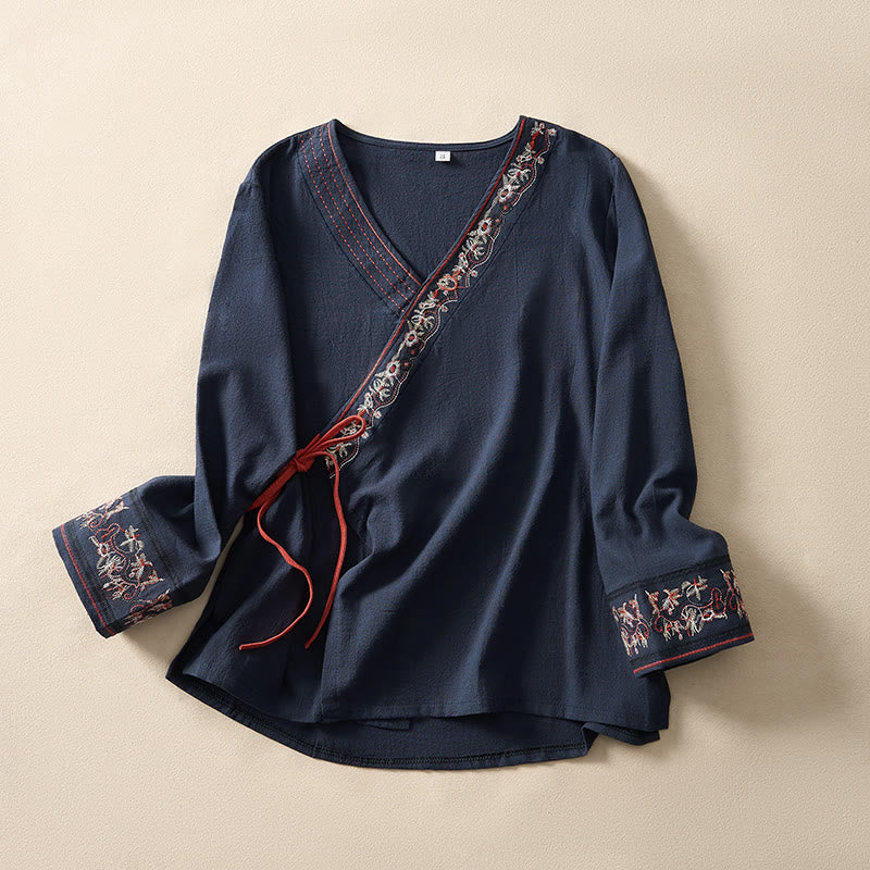 Lässiges Damenhemd mit Buddha Stones, bestickten Blumen, schrägem Kragen und Trägern, langen Ärmeln - Marine - US 8-10, UK/AU 12-14, EU 40-42 (3XL) - image 19