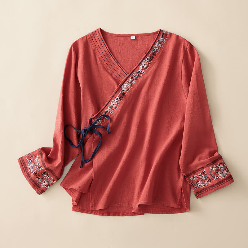 Lässiges Damenhemd mit Buddha Stones, bestickten Blumen, schrägem Kragen und Trägern, langen Ärmeln - Feuerfestziegel - US8-10, UK/AU12-14, EU40-42 (3XL) - image 0