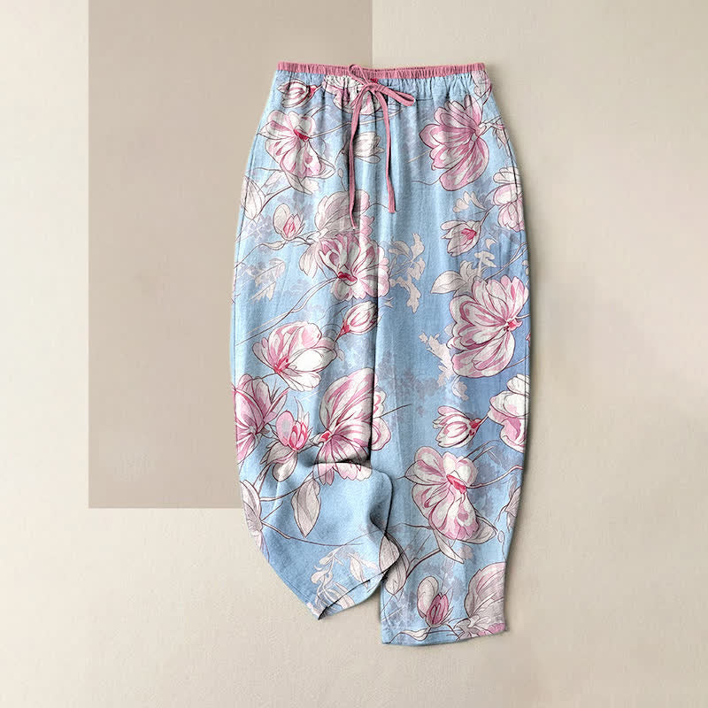Buddha Stones Damenhose aus reiner Baumwolle mit romantischem rosa Blumenmuster, elastischem Bund und Taschen - Hellblau - US16, UK/AU20, EU48 (3XL) - image 0