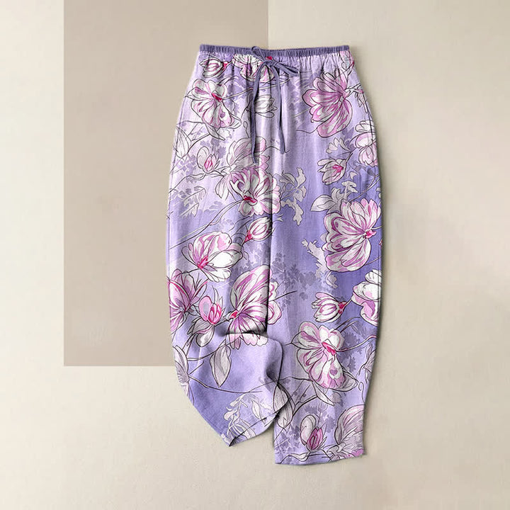 Buddha Stones Damenhose aus reiner Baumwolle mit romantischem rosa Blumenmuster, elastischem Bund und Taschen - Mittelviolett - US16, UK/AU20, EU48 (3XL) - image 3