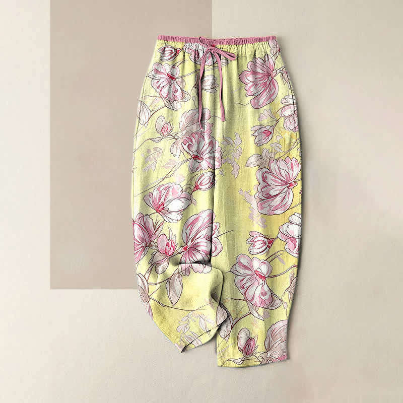 Buddha Stones Damenhose aus reiner Baumwolle mit romantischem rosa Blumenmuster, elastischem Bund und Taschen - Gelb - US16, UK/AU20, EU48 (3XL) - image 4