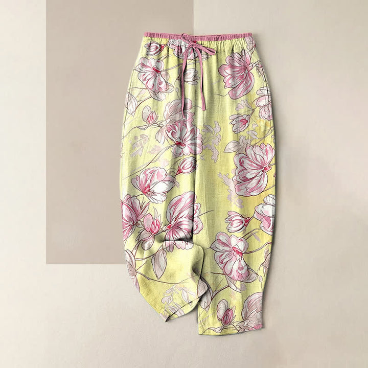 Buddha Stones Damenhose aus reiner Baumwolle mit romantischem rosa Blumenmuster, elastischem Bund und Taschen - Gelb - US16, UK/AU20, EU48 (3XL) - image 4