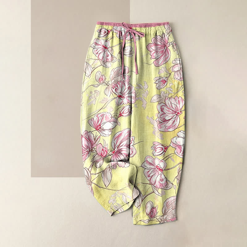 Buddha Stones Damenhose aus reiner Baumwolle mit romantischem rosa Blumenmuster, elastischem Bund und Taschen - Gelb - US16, UK/AU20, EU48 (3XL) - image 4