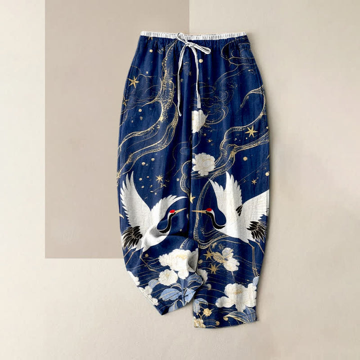 Buddha Stones Elegante Damenhose aus reiner Baumwolle mit Kranich- und Blumenmuster, elastischem Bund und Taschen - Marine - US16, UK/AU20, EU48 (3XL) - image 0