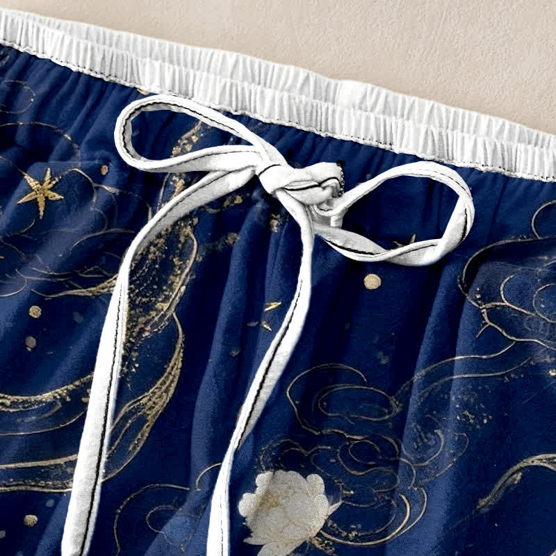 Buddha Stones Elegante Damenhose aus reiner Baumwolle mit Kranich- und Blumenmuster, elastischem Bund und Taschen - image 1