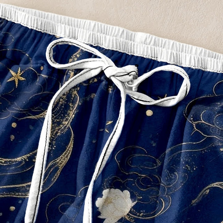 Buddha Stones Elegante Damenhose aus reiner Baumwolle mit Kranich- und Blumenmuster, elastischem Bund und Taschen - image 1