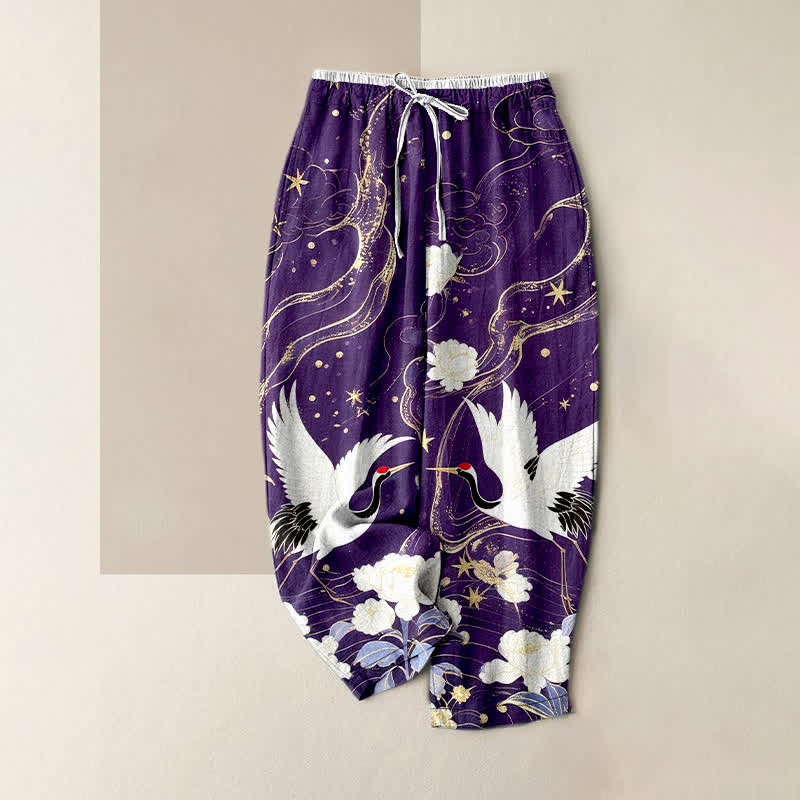 Buddha Stones Elegante Damenhose aus reiner Baumwolle mit Kranich- und Blumenmuster, elastischem Bund und Taschen - Lila - US16, UK/AU20, EU48 (3XL) - image 4