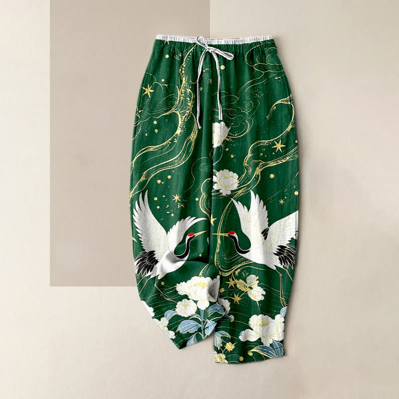 Buddha Stones Elegante Damenhose aus reiner Baumwolle mit Kranich- und Blumenmuster, elastischem Bund und Taschen - Waldgrün - US16, UK/AU20, EU48 (3XL) - image 5