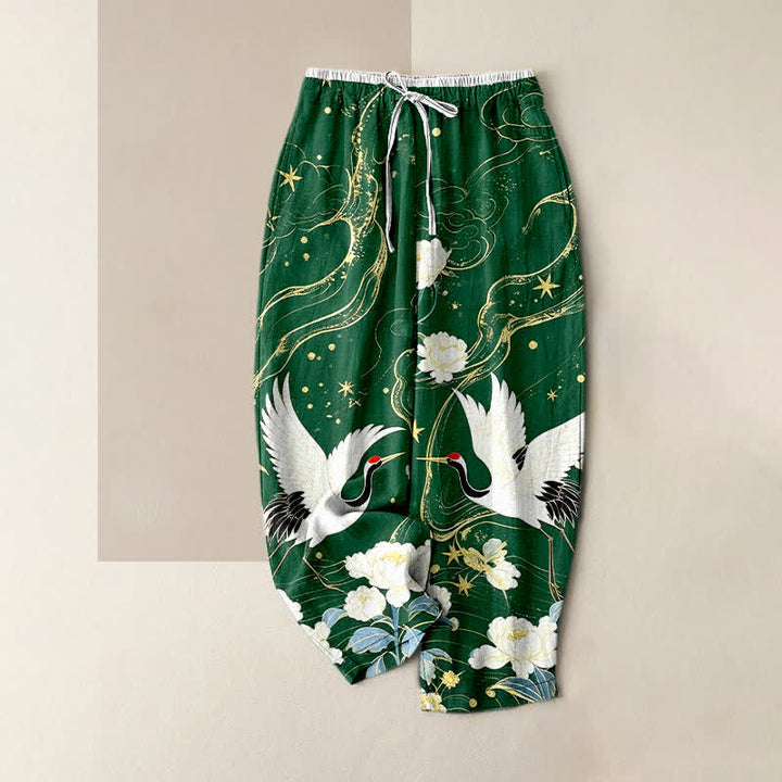 Buddha Stones Elegante Damenhose aus reiner Baumwolle mit Kranich- und Blumenmuster, elastischem Bund und Taschen - Waldgrün - US16, UK/AU20, EU48 (3XL) - image 5