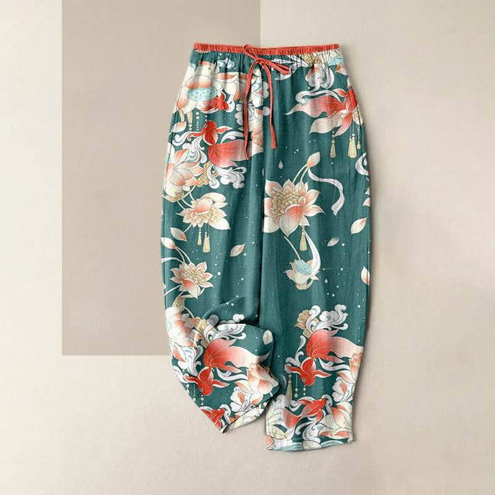 Buddha Stones Damenhose aus reiner Baumwolle mit rotem Koi-Fisch-Muster, elastischem Bund und Taschen - Dunkelcyan - US16, UK/AU20, EU48 (3XL) - image 0