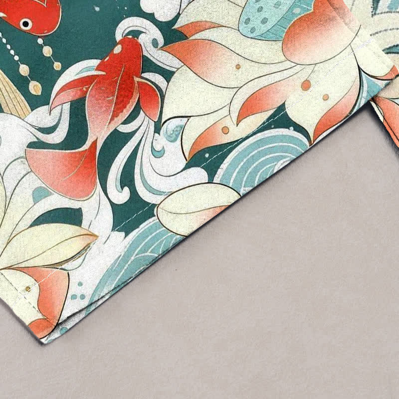 Buddha Stones Damenhose aus reiner Baumwolle mit rotem Koi-Fisch-Muster, elastischem Bund und Taschen - image 1