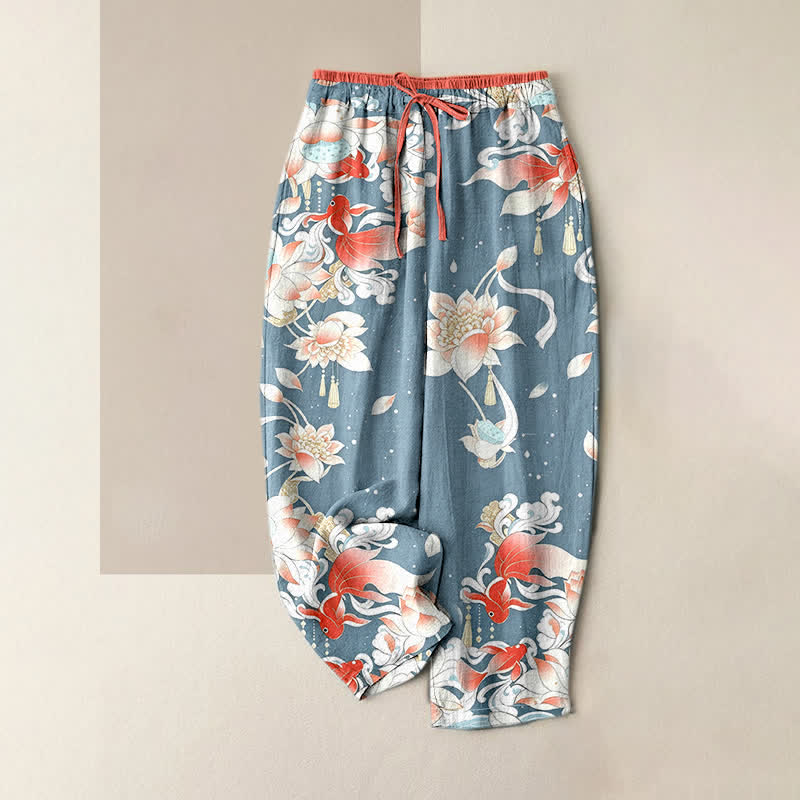 Buddha Stones Damenhose aus reiner Baumwolle mit rotem Koi-Fisch-Muster, elastischem Bund und Taschen - Hellblau - US16, UK/AU20, EU48 (3XL) - image 3