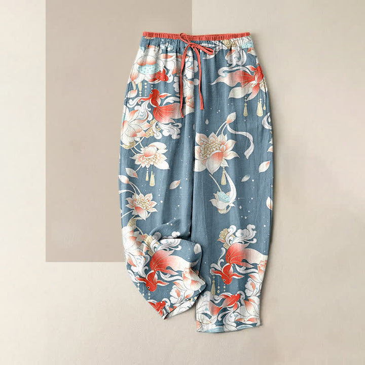 Buddha Stones Damenhose aus reiner Baumwolle mit rotem Koi-Fisch-Muster, elastischem Bund und Taschen - Hellblau - US16, UK/AU20, EU48 (3XL) - image 3