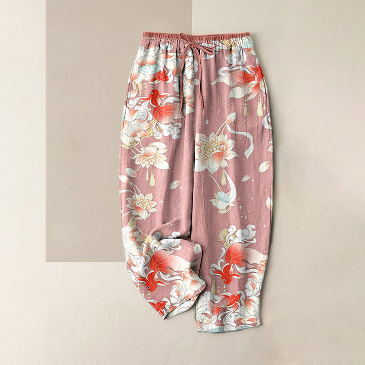 Buddha Stones Damenhose aus reiner Baumwolle mit rotem Koi-Fisch-Muster, elastischem Bund und Taschen - Hellrosa - US16, UK/AU20, EU48 (3XL) - image 4