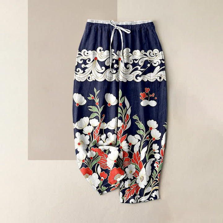 Buddha Stones Damenhose aus reiner Baumwolle mit böhmischem Blumen- und Wolkenmuster, elastischem Bund und Taschen - Marine - US16, UK/AU20, EU48 (3XL) - image 0
