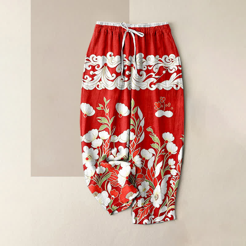 Buddha Stones Damenhose aus reiner Baumwolle mit böhmischem Blumen- und Wolkenmuster, elastischem Bund und Taschen - Rot - US16, UK/AU20, EU48 (3XL) - image 3