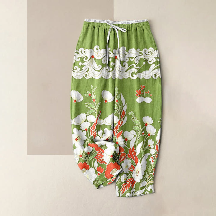 Buddha Stones Damenhose aus reiner Baumwolle mit böhmischem Blumen- und Wolkenmuster, elastischem Bund und Taschen - Gelbgrün - US16, UK/AU20, EU48 (3XL) - image 4