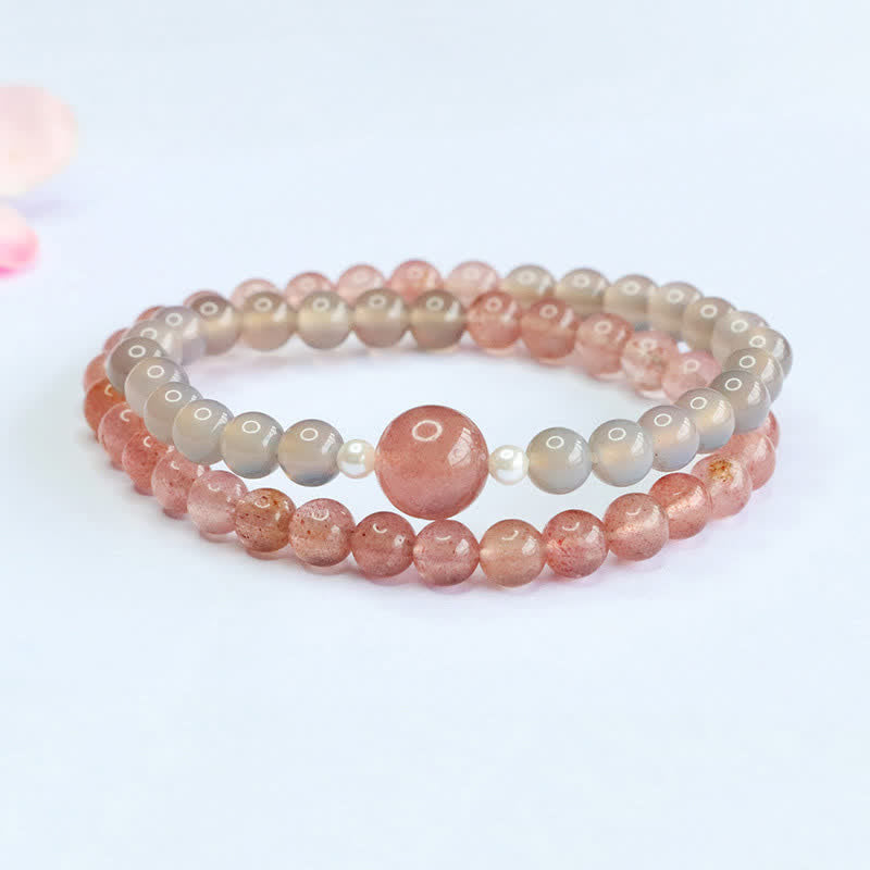 Buddha Stones Erdbeerquarz-Grauachat-Doppelwickel-Positives Armband - image 1