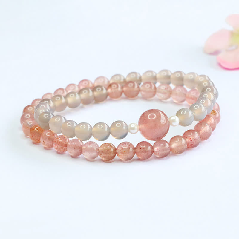 Buddha Stones Erdbeerquarz-Grauachat-Doppelwickel-Positives Armband - image 2